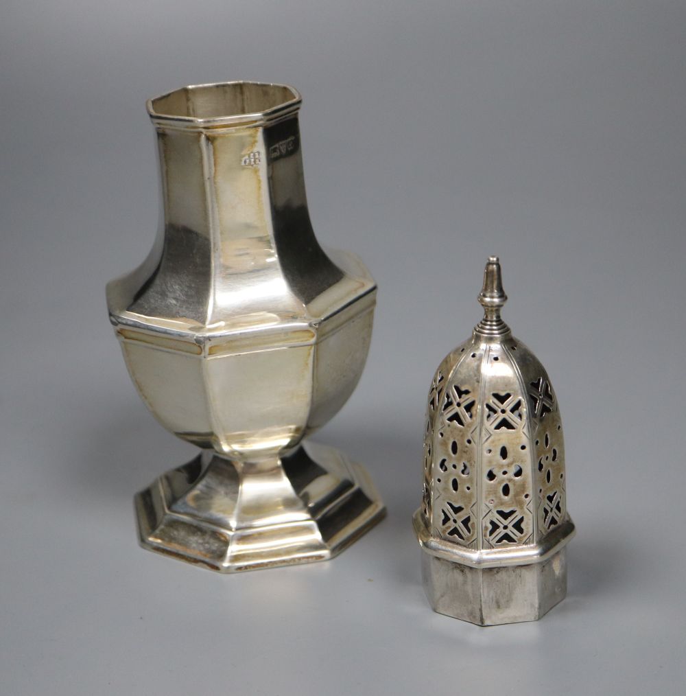 A George V silver sugar caster, later cream jug and Edwardian sugar bowl, 11.5oz.